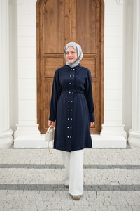 Gömlek Yaka Çift Düğmeli Uzun Tunik Lacivert