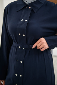 Gömlek Yaka Çift Düğmeli Uzun Tunik Lacivert