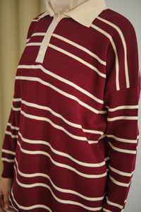 Gömlek Yaka Çizgili Triko Bordo