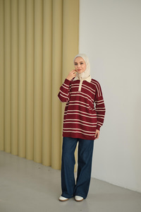 Gömlek Yaka Çizgili Triko Bordo