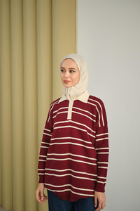 Gömlek Yaka Çizgili Triko Bordo