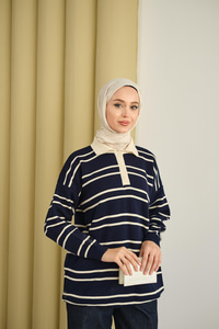 Gömlek Yaka Çizgili Triko Lacivert