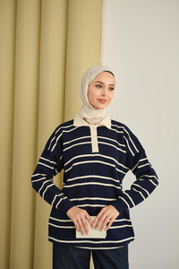 Gömlek Yaka Çizgili Triko Lacivert