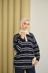 Gömlek Yaka Çizgili Triko Lacivert