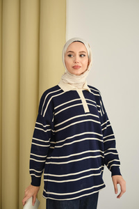 Gömlek Yaka Çizgili Triko Lacivert