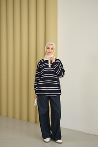 Gömlek Yaka Çizgili Triko Lacivert