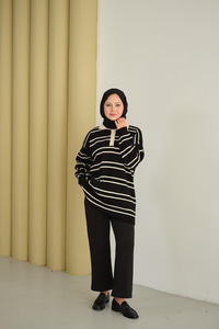 Gömlek Yaka Çizgili Triko Siyah