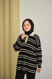 Gömlek Yaka Çizgili Triko Siyah