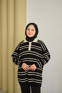 Gömlek Yaka Çizgili Triko Siyah