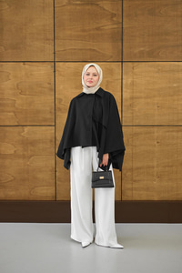 Gömlek Yaka Düğmeli Astarlı Oversize Gabardin Panço Trenç Siyah