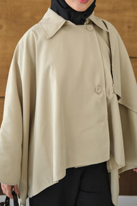 Gömlek Yaka Düğmeli Astarlı Oversize Gabardin Panço Trenç Krem