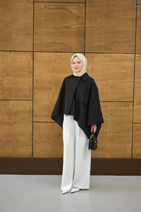 Gömlek Yaka Düğmeli Astarlı Oversize Gabardin Panço Trenç Siyah