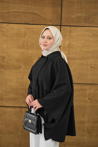Gömlek Yaka Düğmeli Astarlı Oversize Gabardin Panço Trenç Siyah
