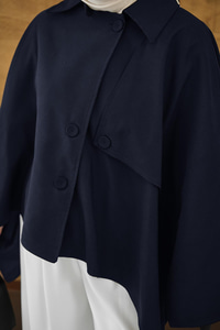 Gömlek Yaka Düğmeli Astarlı Oversize Gabardin Panço Trenç Lacivert