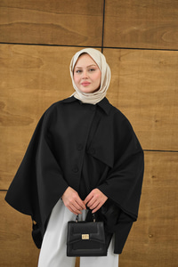 Gömlek Yaka Düğmeli Astarlı Oversize Gabardin Panço Trenç Siyah