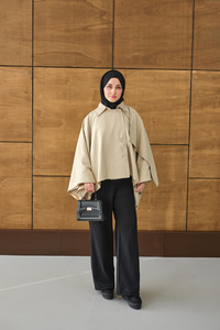 Gömlek Yaka Düğmeli Astarlı Oversize Gabardin Panço Trenç Krem