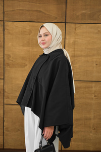 Gömlek Yaka Düğmeli Astarlı Oversize Gabardin Panço Trenç Siyah