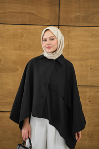 Gömlek Yaka Düğmeli Astarlı Oversize Gabardin Panço Trenç Siyah
