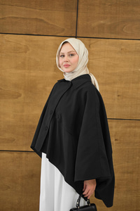 Gömlek Yaka Düğmeli Astarlı Oversize Gabardin Panço Trenç Siyah