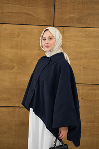 Gömlek Yaka Düğmeli Astarlı Oversize Gabardin Panço Trenç Lacivert