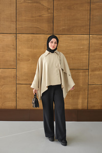 Gömlek Yaka Düğmeli Astarlı Oversize Gabardin Panço Trenç Krem