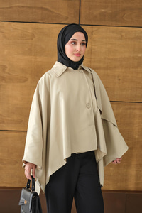 Gömlek Yaka Düğmeli Astarlı Oversize Gabardin Panço Trenç Krem