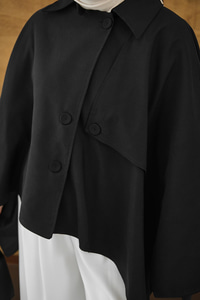 Gömlek Yaka Düğmeli Astarlı Oversize Gabardin Panço Trenç Siyah