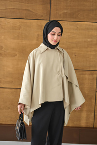 Gömlek Yaka Düğmeli Astarlı Oversize Gabardin Panço Trenç Krem