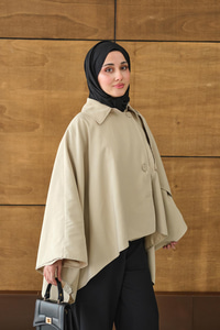 Gömlek Yaka Düğmeli Astarlı Oversize Gabardin Panço Trenç Krem