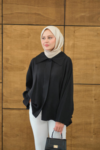 Gömlek Yaka Düğmeli Cep Detay Astarsız Oversize Tencele Panço Trenç Siyah