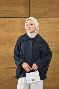 Gömlek Yaka Düğmeli Cep Detay Astarsız Oversize Tencele Panço Trenç Lacivert