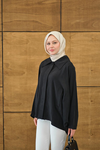 Gömlek Yaka Düğmeli Cep Detay Astarsız Oversize Tencele Panço Trenç Siyah