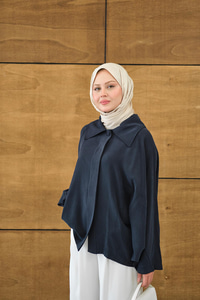 Gömlek Yaka Düğmeli Cep Detay Astarsız Oversize Tencele Panço Trenç Lacivert