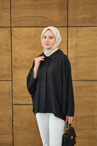 Gömlek Yaka Düğmeli Cep Detay Astarsız Oversize Tencele Panço Trenç Siyah