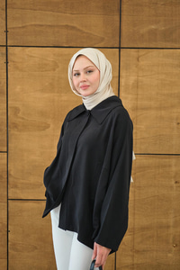 Gömlek Yaka Düğmeli Cep Detay Astarsız Oversize Tencele Panço Trenç Siyah