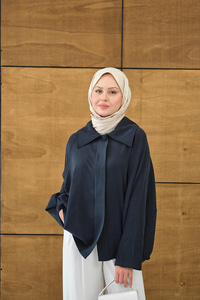 Gömlek Yaka Düğmeli Cep Detay Astarsız Oversize Tencele Panço Trenç Lacivert