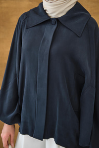 Gömlek Yaka Düğmeli Cep Detay Astarsız Oversize Tencele Panço Trenç Lacivert