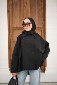 Gömlek Yaka Düğmeli İnce Kısa Trenç Siyah