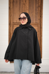 Gömlek Yaka Düğmeli İnce Kısa Trenç Siyah