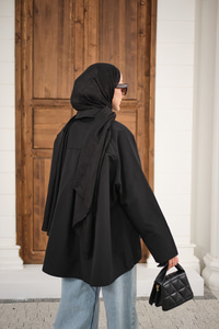 Gömlek Yaka Düğmeli İnce Kısa Trenç Siyah