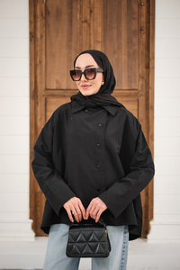 Gömlek Yaka Düğmeli İnce Kısa Trenç Siyah