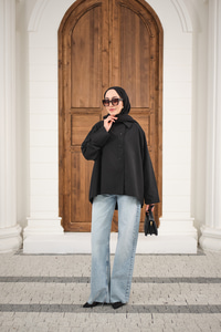 Gömlek Yaka Düğmeli İnce Kısa Trenç Siyah