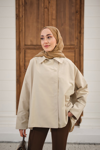 Gömlek Yaka Düğmeli İnce Kısa Trenç Taş