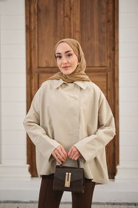 Gömlek Yaka Düğmeli İnce Kısa Trenç Taş