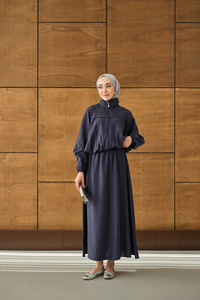 Gömlek Yaka Fermuarlı Etekli Takım Lacivert