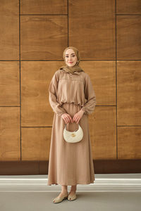 Gömlek Yaka Fermuarlı Etekli Takım Vizon