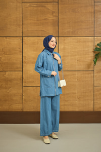 Gömlek Yaka Fermuarlı Takım Mavi