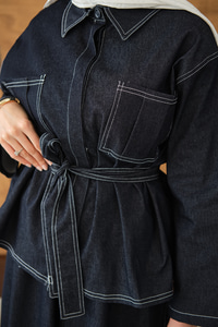 Gömlek Yaka Gizli Düğmeli Nakışlı Çift Cep Etekli Takım Lacivert