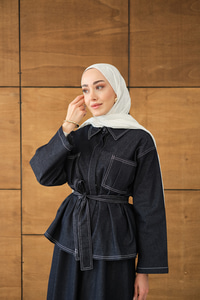 Gömlek Yaka Gizli Düğmeli Nakışlı Çift Cep Etekli Takım Lacivert