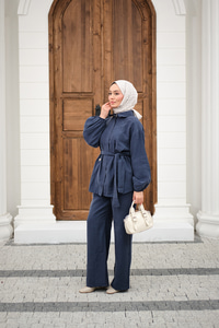 Gömlek Yaka Gizli Fermuarlı Bel Bağlamalı Pantolonlu Takım İndigo Mavi